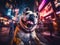 A Bulldog explores the vibrant nightlife of a neon-lit urban setting, capturing the essence of city life. Perfect for urban