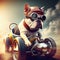 bulldog in a helmet and glasses travels along the road on a sports retro car