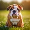 Bulldog puppy sitting on the green meadow in a summer green field. Portrait of a Bulldog pup sitting on the grass with a summer