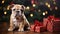 Bulldog small dog with Christmas gifts. Bulldog. Christmas holidays with dogs banner poster. AI generated