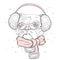 Bulldog in winter headphones. Cute puppy. Pedigree dog. Winter holiday