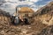 Bulldozer or loader working in the trench. Powerful wheel loader or bulldozer with a large bucket at a construction site. Rental