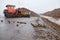 Bulldozer moves parts of sugar beet at sugar factory