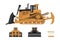 Bulldozer in realistic style. Front, side and back view of digger. Industrial isolated drawing of orange dozer