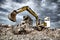 Bulldozer removes the debris from demolition of derelict buildings