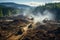 Bulldozers digging a dirt road in a forest. Global deforestation