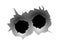 Bullet circle hole. Realistic bullets traces in metallic wall or auto, two circle holes, military shooting range, steel