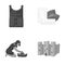 Bulletproof vest, chewing gum and other monochrome icon in cartoon style. female neanderthal, fortress icons in set