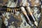 Bullets, shells, cartridges and projectiles on khaki camouflage backpack. Lend-Lease concept. Army concept. Sales of weapons and
