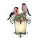 Bullfinch bird couple on a vintage style lantern. Winter festive cozy decoration. Watercolor painted illustration