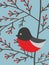 Bullfinch birds with Mountain ash and berry, snowflake