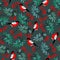 Bullfinch birds seamless pattern with Mountain ash leaves and berries