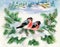 Bullfinch birds on snowy tree branch. Watercolor illustration.