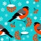 Bullfinch, branch and berries Rowan, Snowflakes. Seamless pattern. For New Year and Christmas projects.