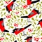 Bullfinch seamless pattern in flat simple style. Doodle floral b