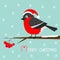 Bullfinch winter red feather bird sitting on rowan rowanberry sorb berry tree branch. Santa hat. Cute cartoon funny character. Bab