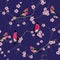 Bullfinches on the sakura branch purple seamless vector pattern