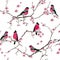 Bullfinches on the sakura branch seamless vector pattern