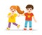 Bullying children. Angry boy pulling girl`s hair. She grabs her head with an open mouth look of shock and pain.  Problem of