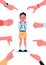 Bullying school poster. Vector illustration of a shy confused boy with backpack stands at school and others laughing and mocking