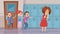 Bullying in school. Stressed kids laughs scare conflict problems in school corridor vector cartoon background