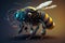 Bumble bee with light that is in the digital world on a dark background. Insect. illustration, generative AI