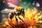 A bumblebee collects nectar on a flower, it's time to bloom, close-up. Generative AI