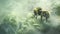 Bumblebee surrounded by ethereal green smoke, an enchanting sight blending nature\\\'s grace