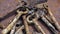 Bunch antique keys on metal table. Close up