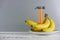 Bunch of bananas and hammer on wooden background. Copy space for text or logo