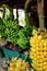 A bunch of bananas at a local Sri Lankan food market. An outdoor shop selling fruit including green and yellow freshly grown