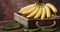 A bunch of bananas on a wooden tray rotates slowly.