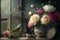 bunch of beautiful roses in wicker basket and vintage bird cages standing in window, AI generated