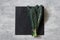 Bunch of black tuscan kale (cavolo nero or lachinato kale) on a black slate board on a gray textured background