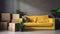 Bunch of blank moving boxes and house plants near the yellow textile couch in a new apartment. AI Generative