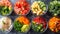 A bunch of bowls filled with different types of vegetables, AI