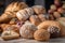 Bunch of bread loafs and buns bakery or home cooking concept. Bread background with variety of food from dough, baked goods made