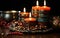 A bunch of candles sitting on top of a table. Kwanzaa celebration decor.