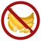 Bunch of cartoon banana in red prohibition sign. Danger of allergies from tropical fruits. Ban food. Vector flat forbidden sign