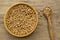 Bunch of chickpeas in a bowl and spoon on old wooden background