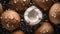 a bunch of coconuts with water drops on them and a coconut in the middle of them with a white substance on the top of the coconut