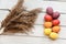 A bunch of colored eggs are laying on a white wooden table beside some wheat spikelets.