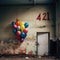 Bunch of colorful balloons in abandoned building, vintage toned image