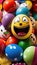 a bunch of colorful balls with a smiley face on it\\\'s face in a pile of them with polka dots on the bottom of the balls.