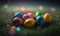 a bunch of colorful eggs in the grass with a boke of lights in the backgroup of the eggs in the background