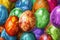 Bunch Of Colorful Hand Painted Easter Eggs Decorated With Weed Leaves Imprints