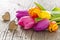 Bunch of colorful tulips with hearts in spring for mothers