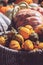 Bunch of decorative mini pumpkins and gourds in baskets on farmers market; autumn background