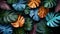 A bunch of different colored leaves on a black background, colorful digital wallpaper, floral background.