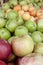 Bunch of different organic apple types displayed on sale on farmer`s market stand show richness and diversity